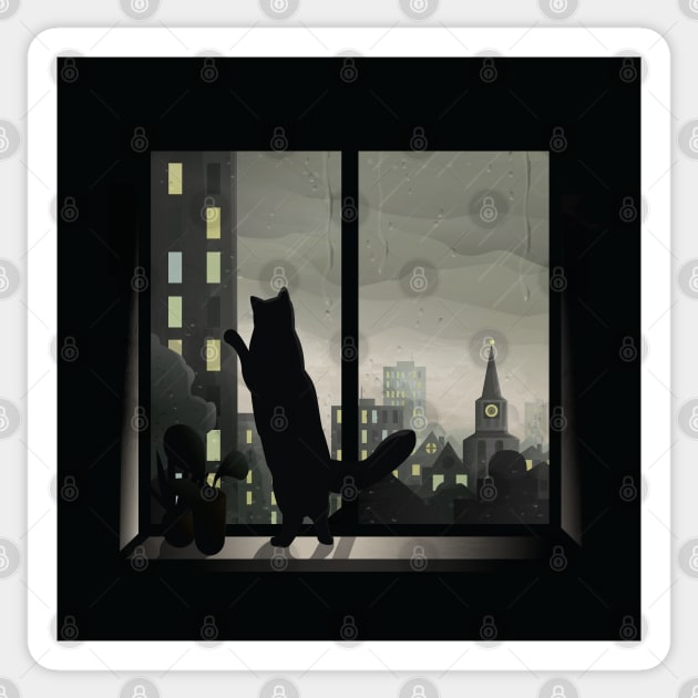 Cat looking out the Window on a Rainy Day Sticker by KimVanG